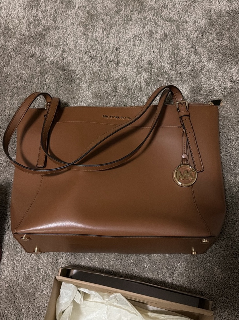 Michael Kors Cognac Leather Tote with Gold MK Charm
